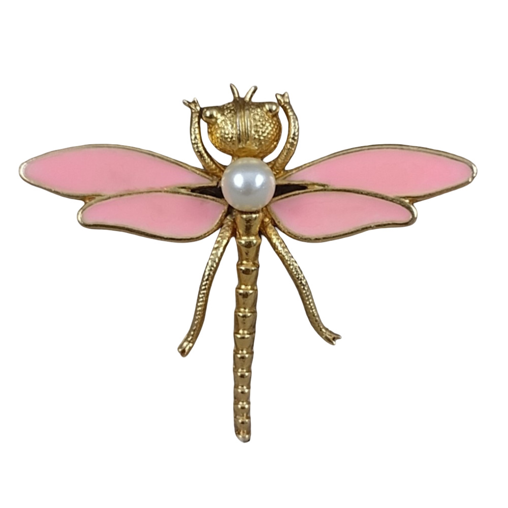 Vtg 1960s Gold Tone Faux Pearl Pink Enamel Dragonfly Pin Brooch